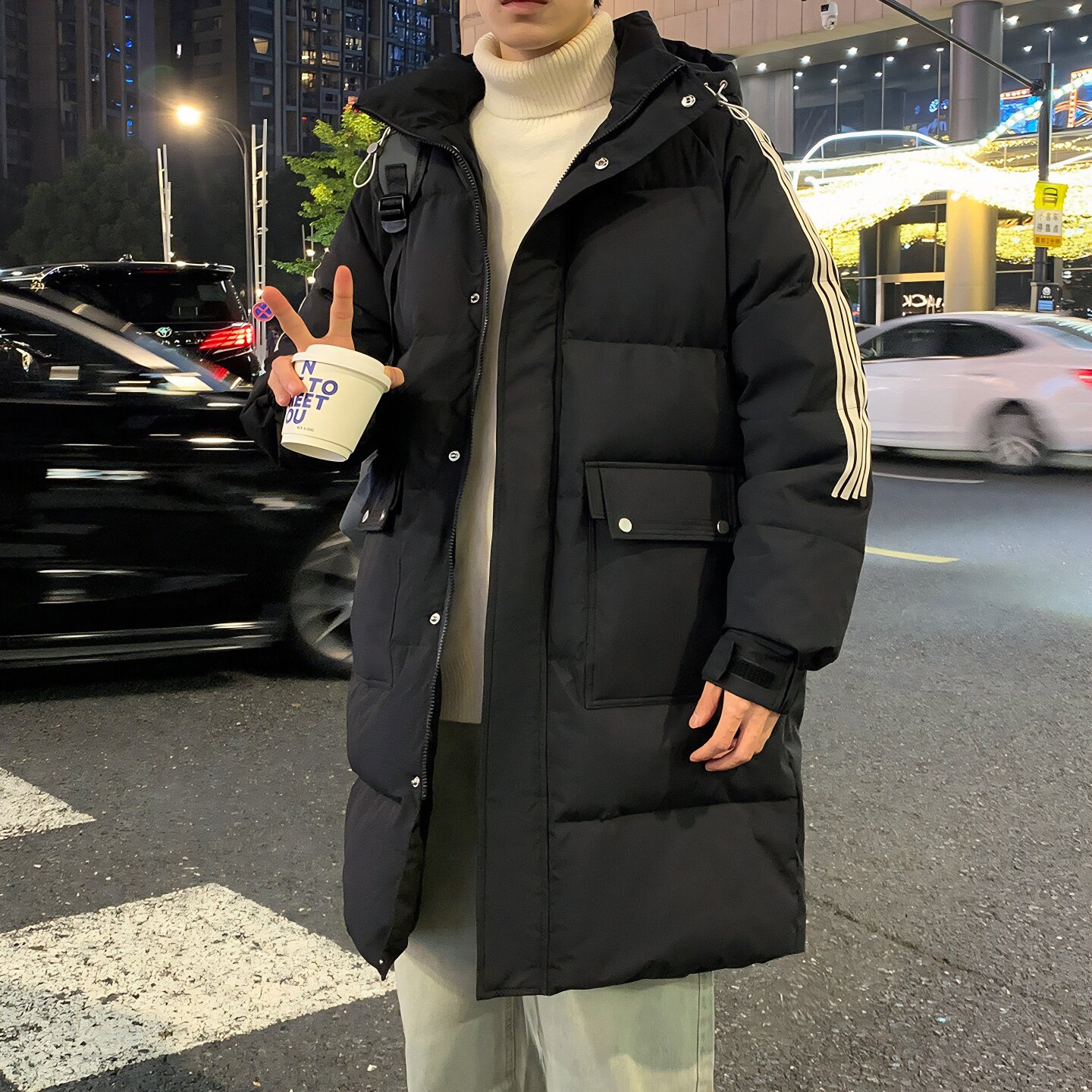 唐狮新款中长款男羽绒服连帽加厚保暖外套青少年学院风宽松TD