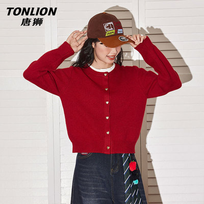 唐狮红色毛衣开衫外套女2025新款