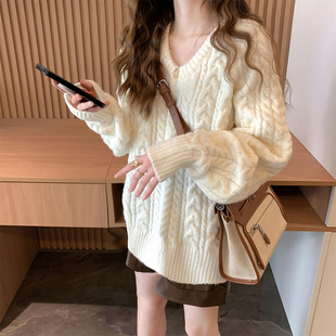 唐狮秋冬慵懒风显瘦V领中长款套头女式毛衣气质温柔上衣女潮TD