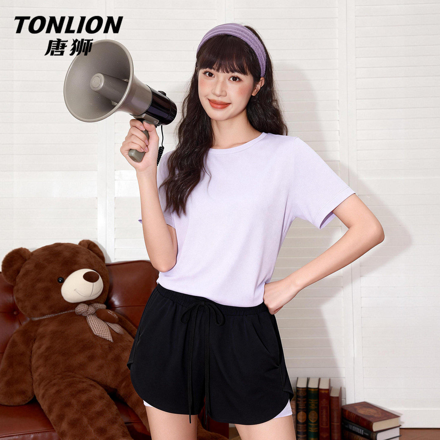 唐狮官方凉感速干运动风两件套女2026新款跑步短袖t恤短裤套装V