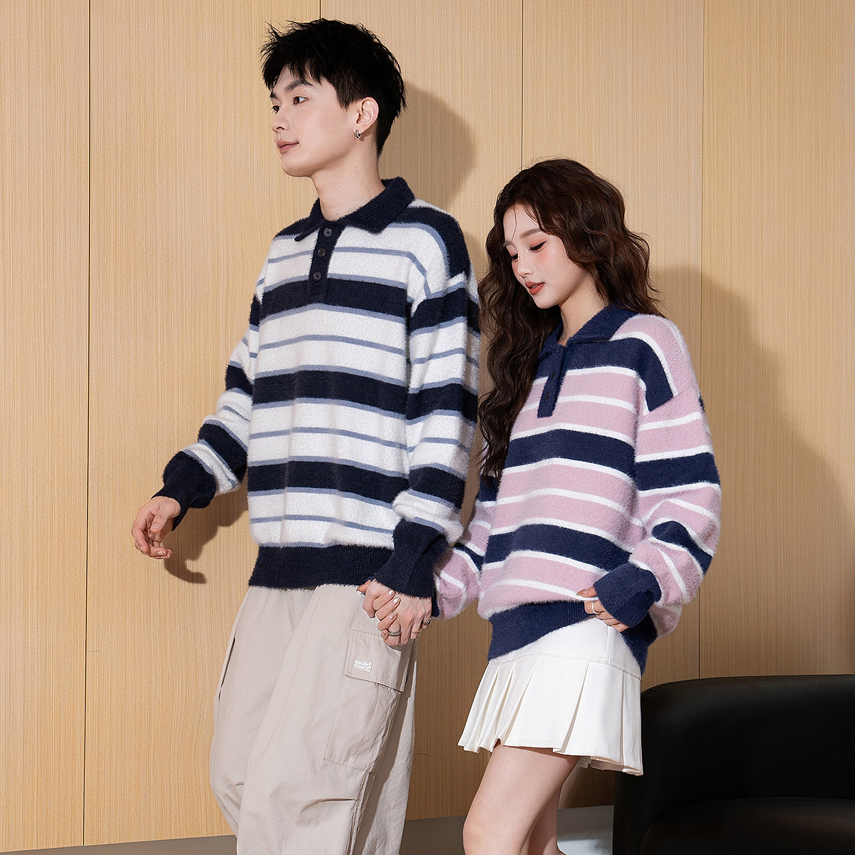 唐狮春秋季新款毛衣女条纹百塔休闲Polo领毛线衫今年流行爆款TE