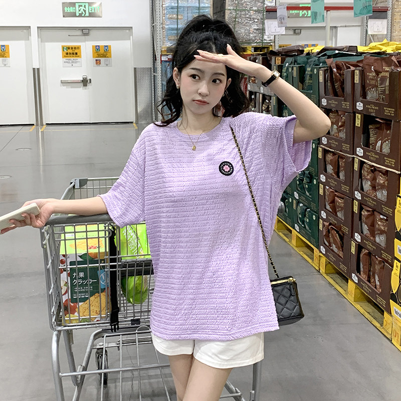 唐狮夏季短袖T恤女紫色泡泡肌理感套头圆领短袖T恤别致休闲宽松