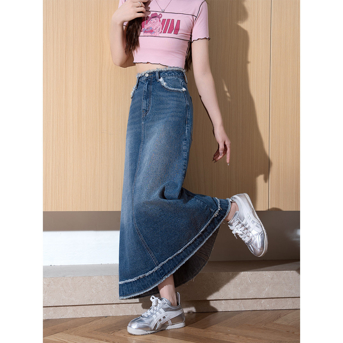 唐狮夏季新款半身裙女毛边细节复古显瘦牛仔半身长裙裤子百搭TE