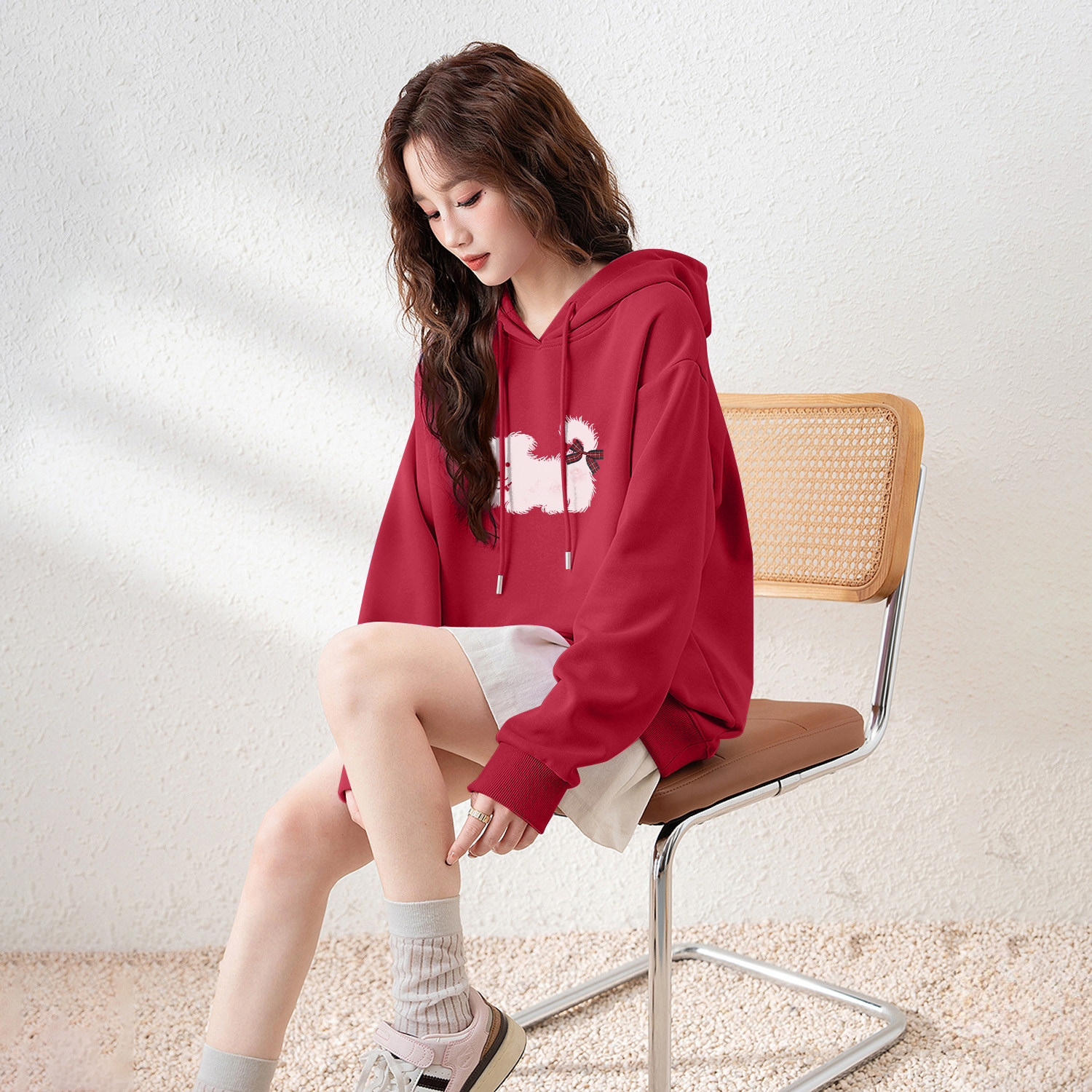 唐狮官方连帽卫衣女2026新款春秋款小个子宽松显瘦红色上衣外套V