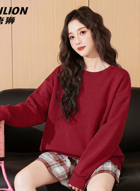 唐狮官方红色本命年长袖体恤女2026新款女款圆领内搭打底衫上衣VB