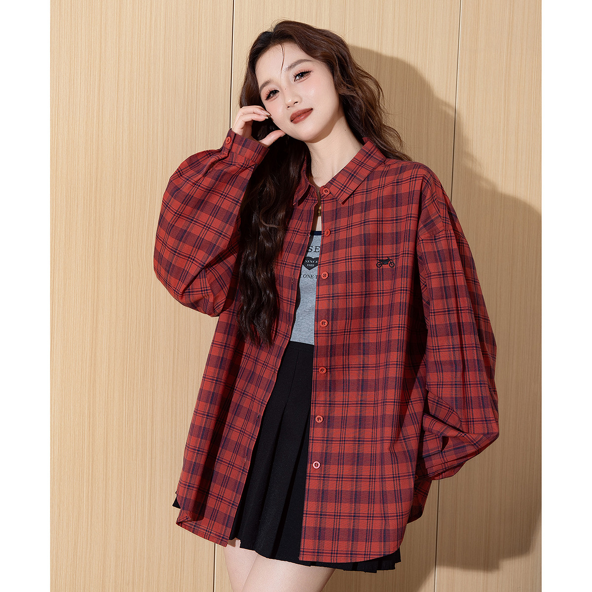 唐狮春季新款女衬衫长袖格子百搭宽松中长款流行小个子衬衣TM