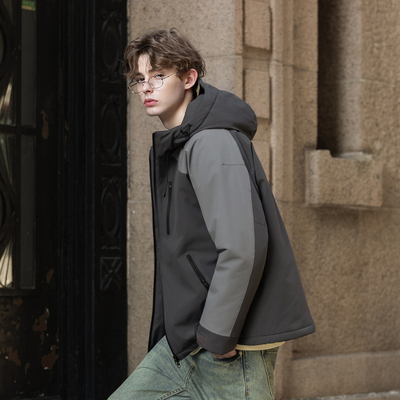 唐狮秋冬季短款棉衣男连帽拼接超