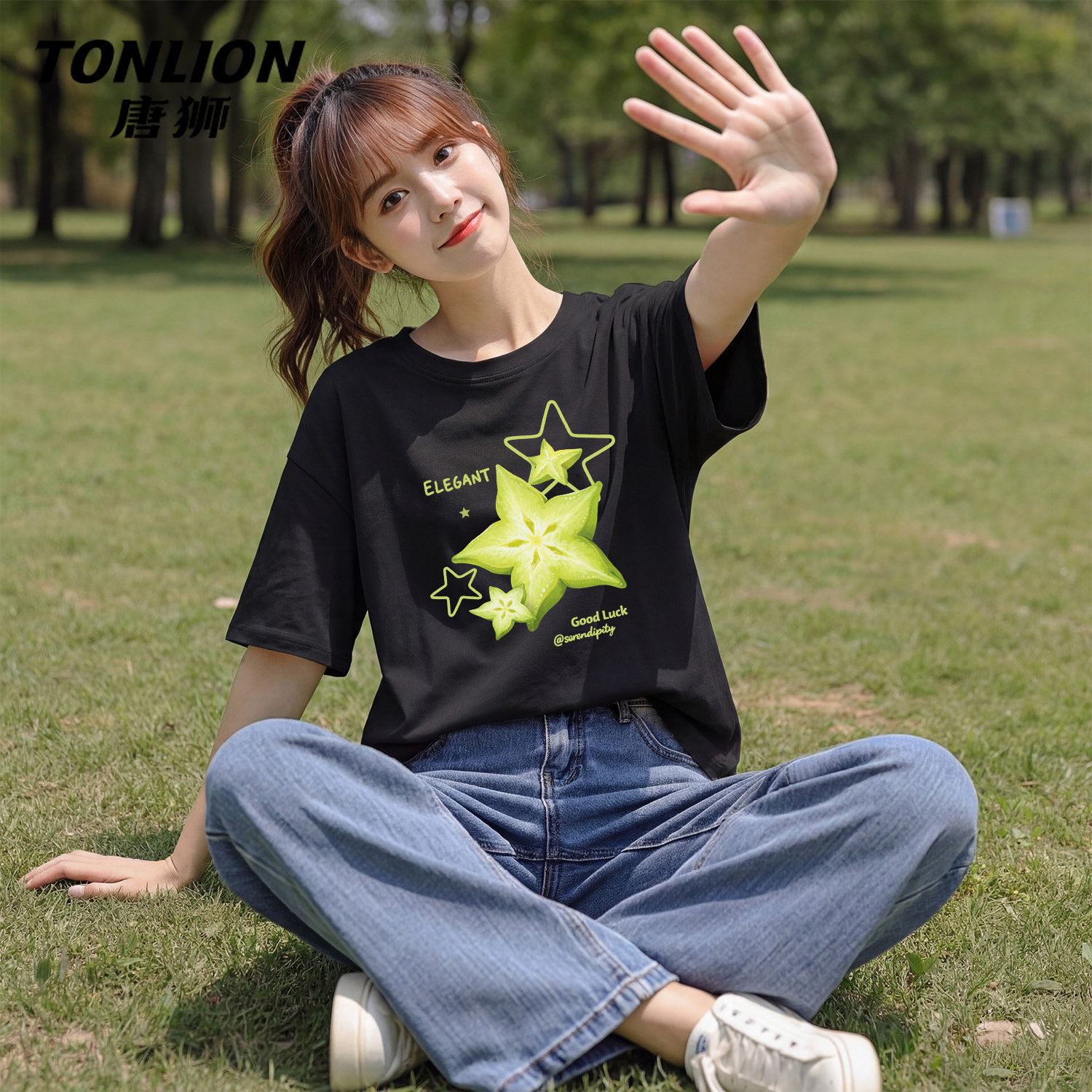 唐狮官方黑色宽松短袖t恤女2026新款夏季女士纯棉显瘦半袖上衣V