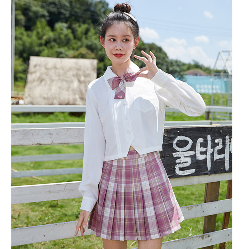 唐狮长袖衬衫套装百褶裙春秋新款两件套JK裙学院风外套小众衬衣