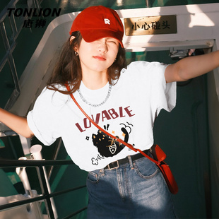 中学生休闲宽松半袖 爆款 上衣VB 女t恤夏2026新款 唐狮白色纯棉短袖