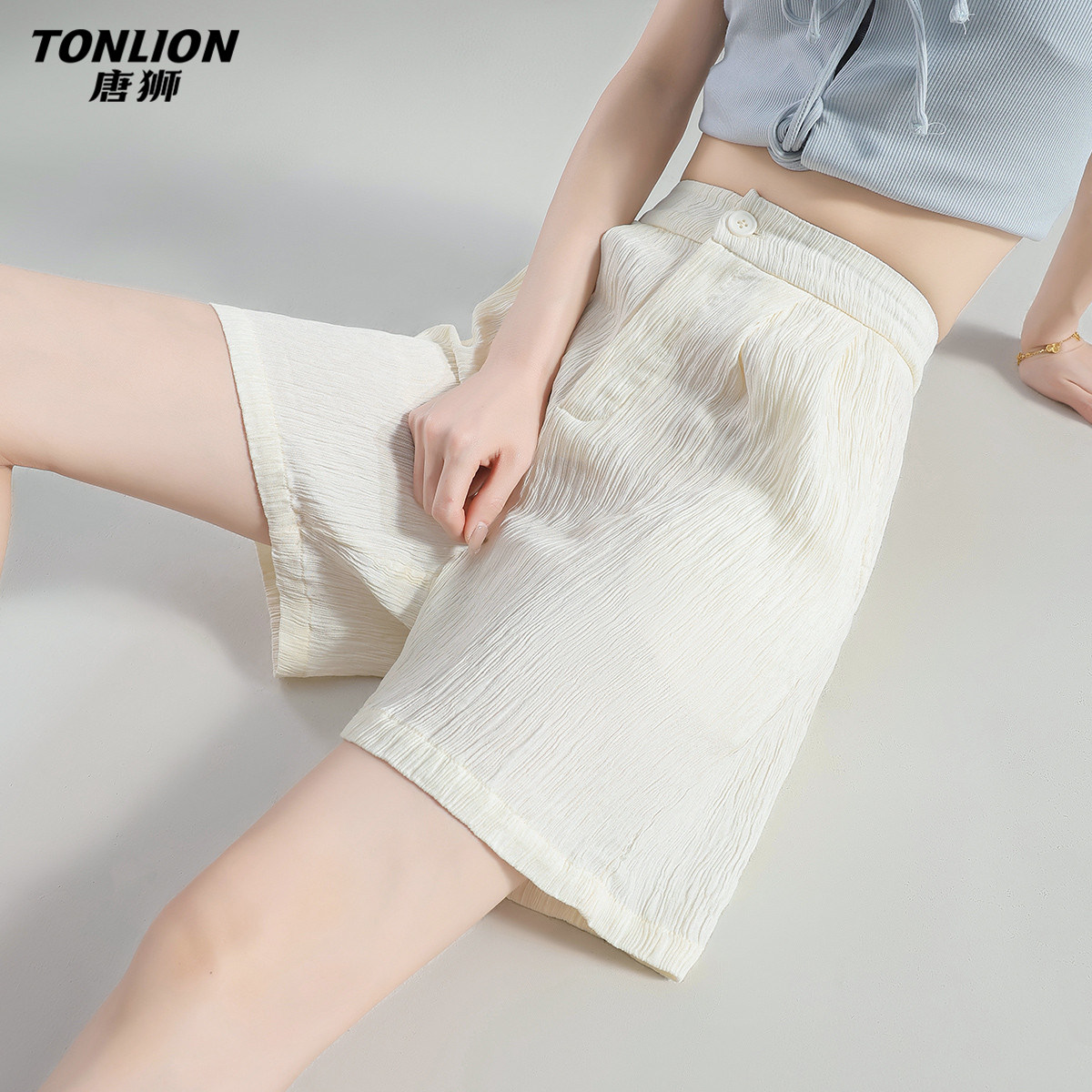 唐狮春夏季休闲裤女短裤天丝亚麻阔腿裤薄款高腰直筒五分裤米白