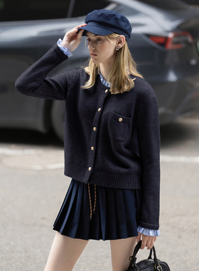 唐狮秋冬季开衫毛线衫女假两件拼接深灰色简约风毛衣外套TM