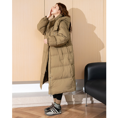 唐狮新款女长款收腰黑色羽绒服女