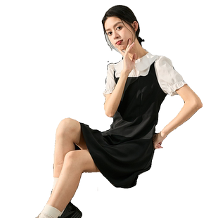 唐狮假两件背带连衣裙女初恋裙黑色短袖裙子女夏季显瘦休闲女装潮