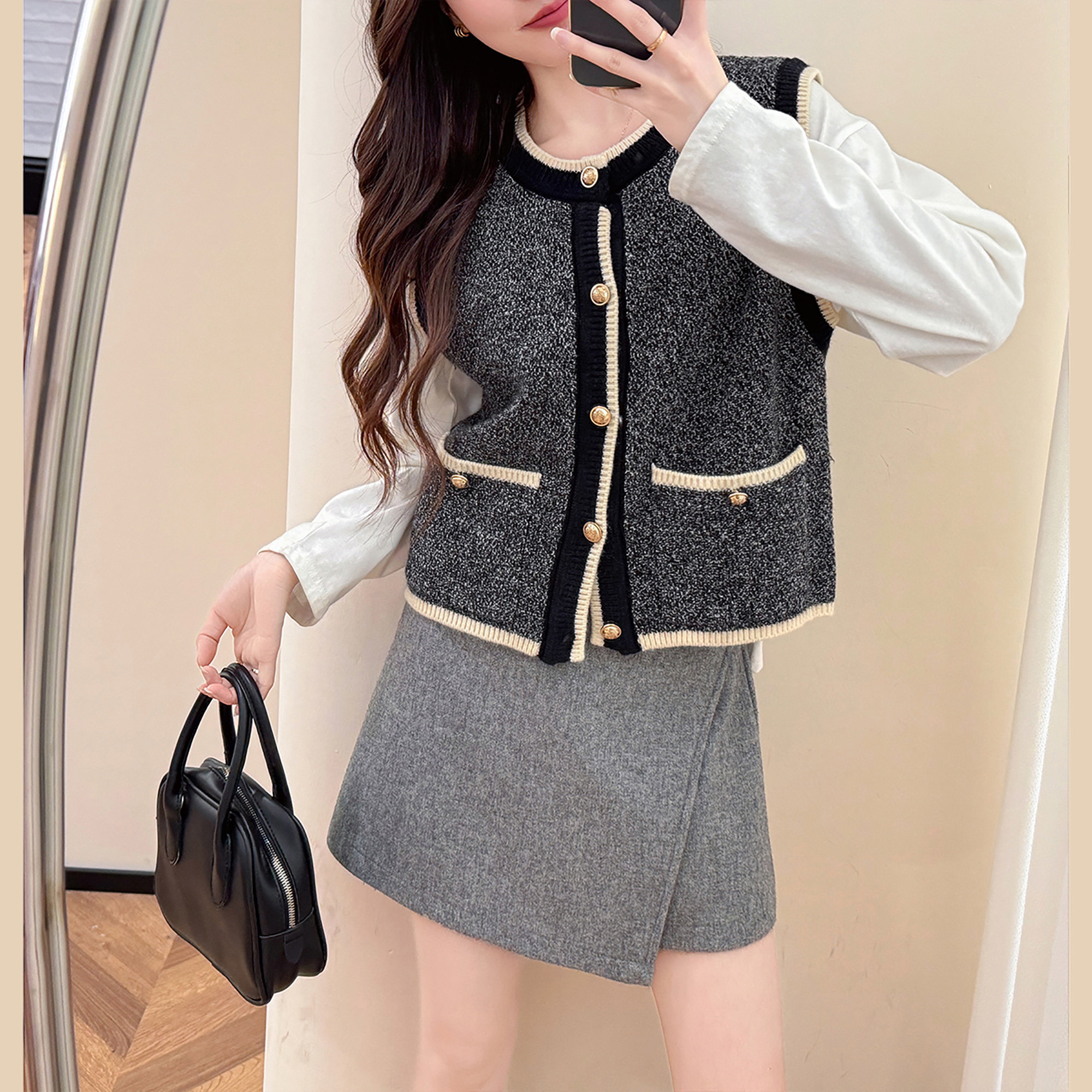 唐狮秋冬季女毛衣气质百搭圆领开衫马甲背心简约流行新款TM