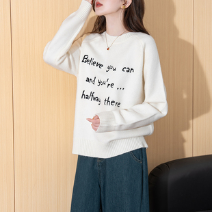 秋冬季 毛衣女字母图案圆领宽松套头慵懒风高级感毛线衫