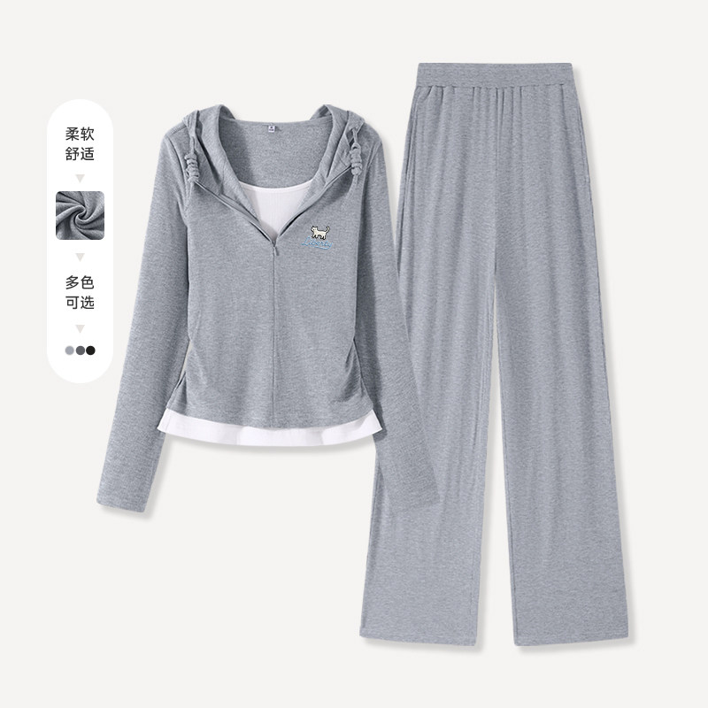 唐狮运动休闲套装女秋连帽收腰卫衣短外套阔腿裤两件套VD - 实物图
