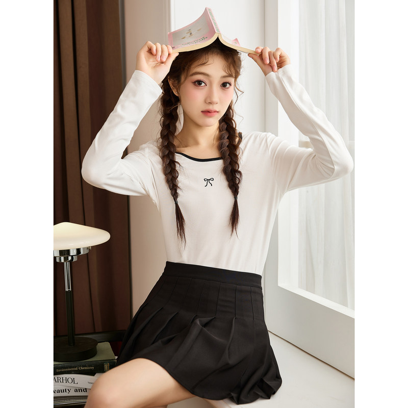 唐狮蝴蝶结内搭打底衫女春季新款白色甜美长袖T恤女设计感TD