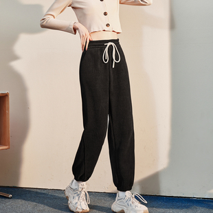 卫裤 唐狮华夫格运动裤 宽松休闲裤 子小个子束脚裤 女秋冬加绒加厚裤
