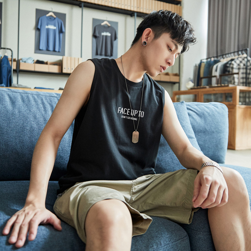 唐狮夏季汗衫背心男圆领宽松外穿坎肩无袖t恤运动纯棉白色上衣潮