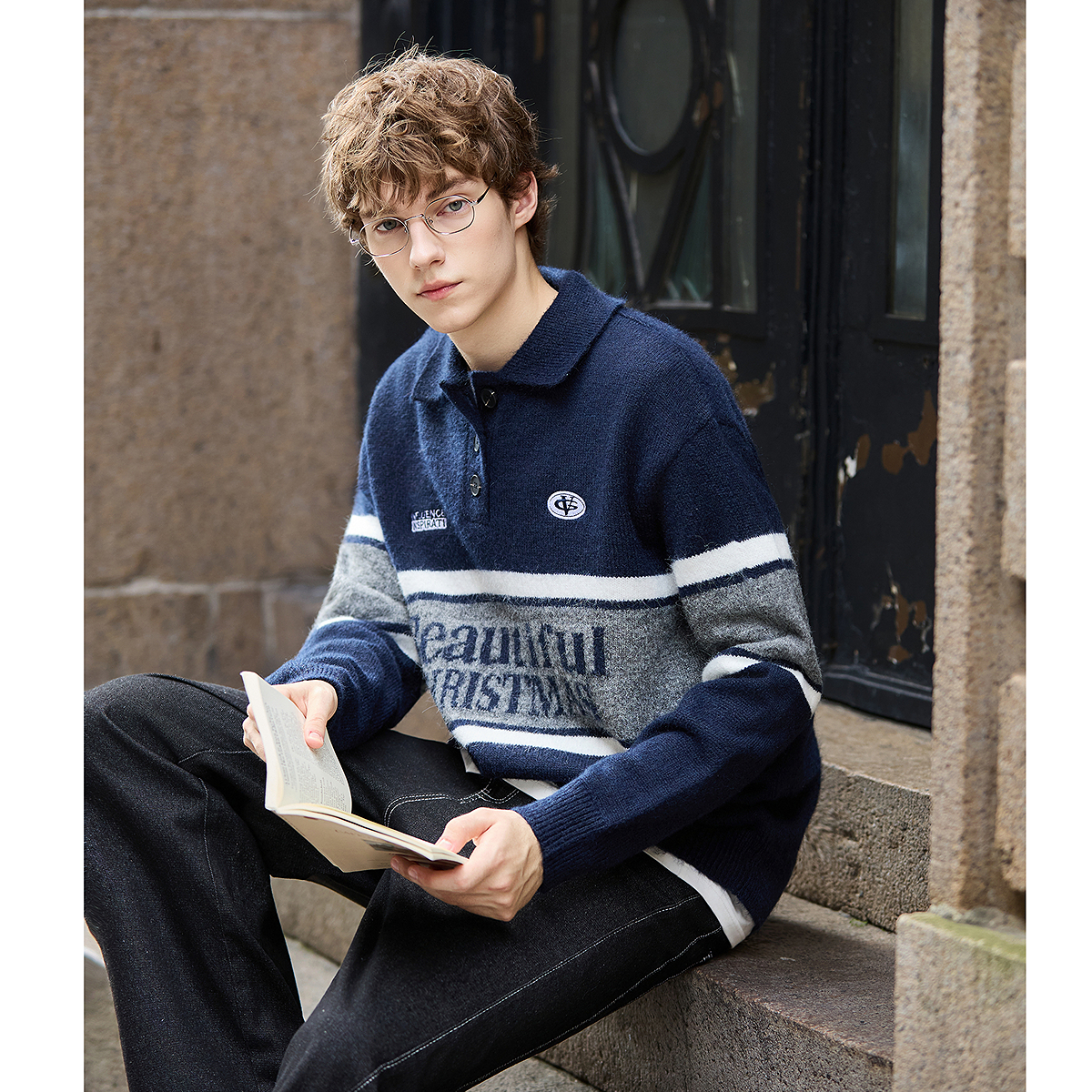 唐狮新款秋冬季毛衣男翻领英文拼