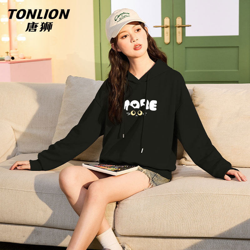 唐狮黑色连帽卫衣女2026新款春秋款小个子宽松休闲短款套头上衣V