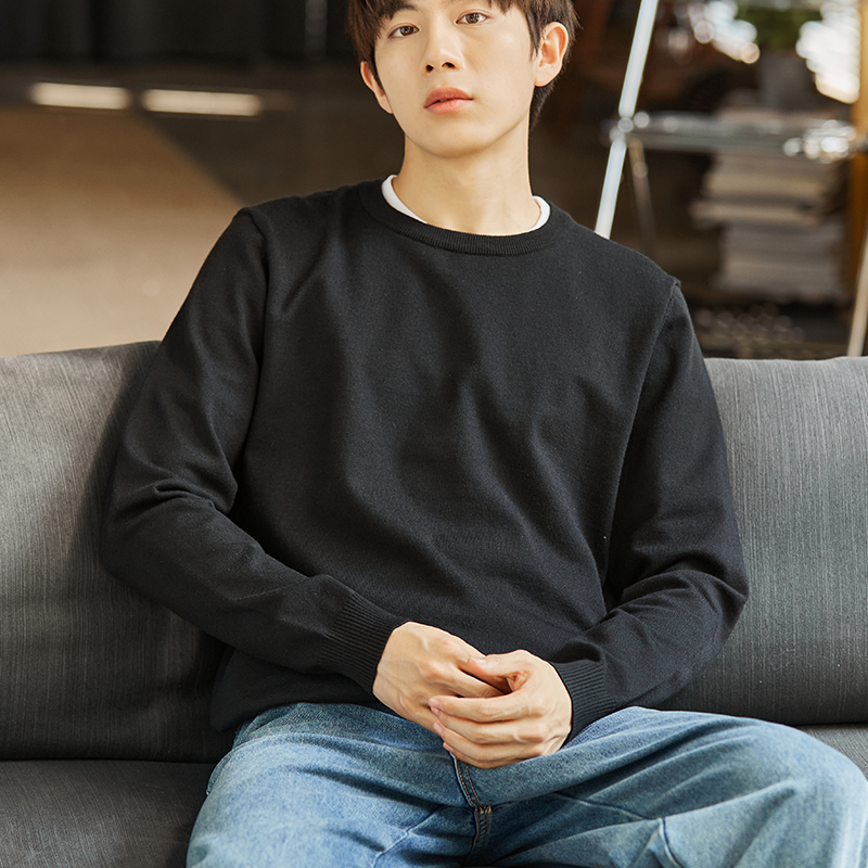 唐狮秋冬新款男士打底衫内搭纯色圆领针织衫慵懒风保暖半高领毛衣