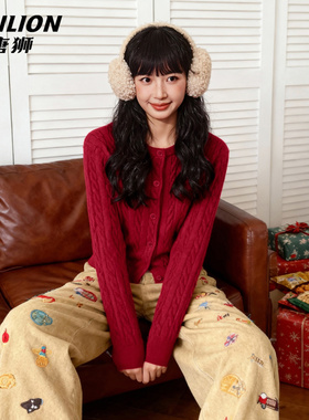 唐狮官方绞花针织衫女2026新款春秋款女士红色本命年马年毛衣女VB