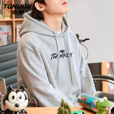 唐狮灰色卫衣男春秋季重磅连帽