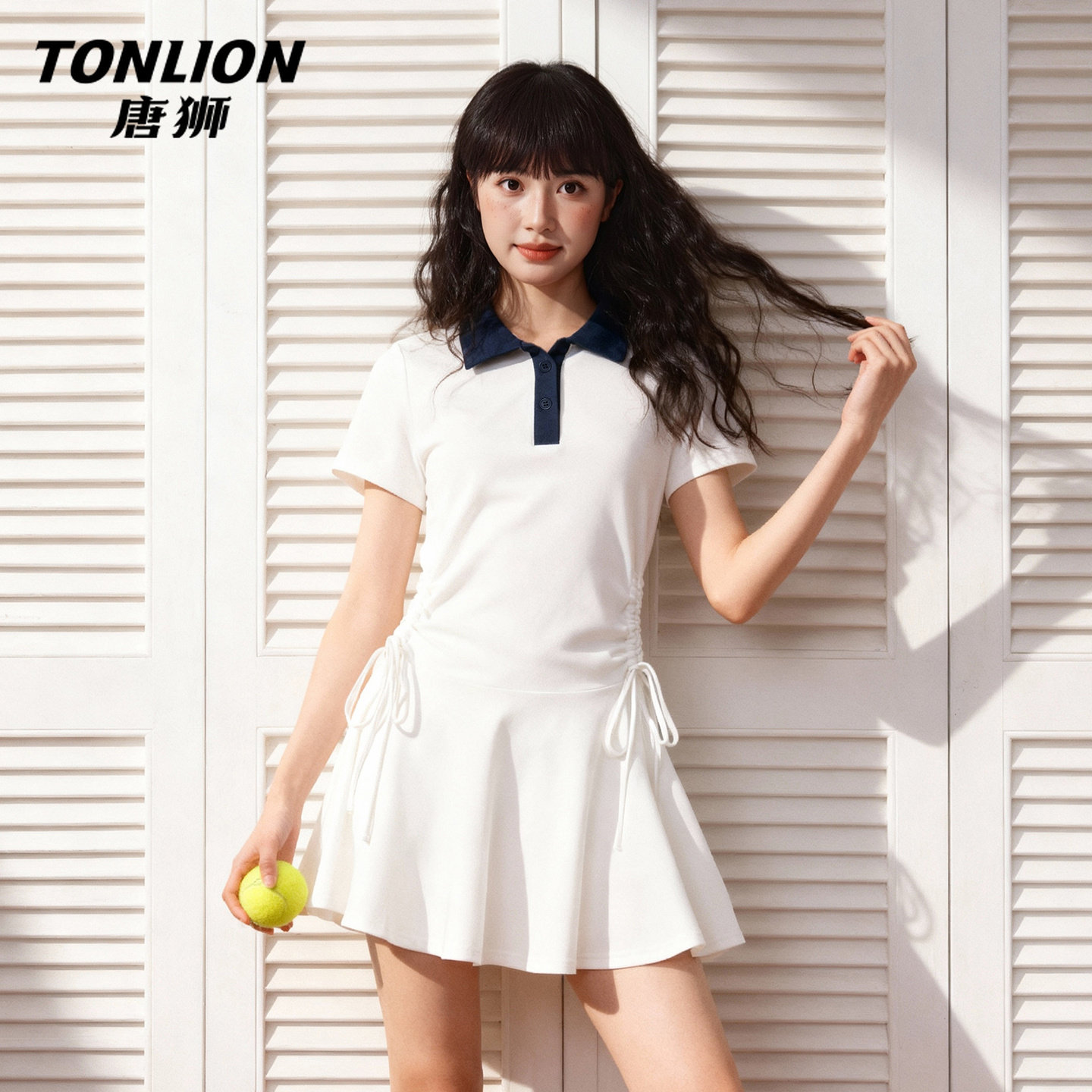 唐狮官方修身连衣裙女2026新款春夏撞色POLO衫抽褶设计a字短