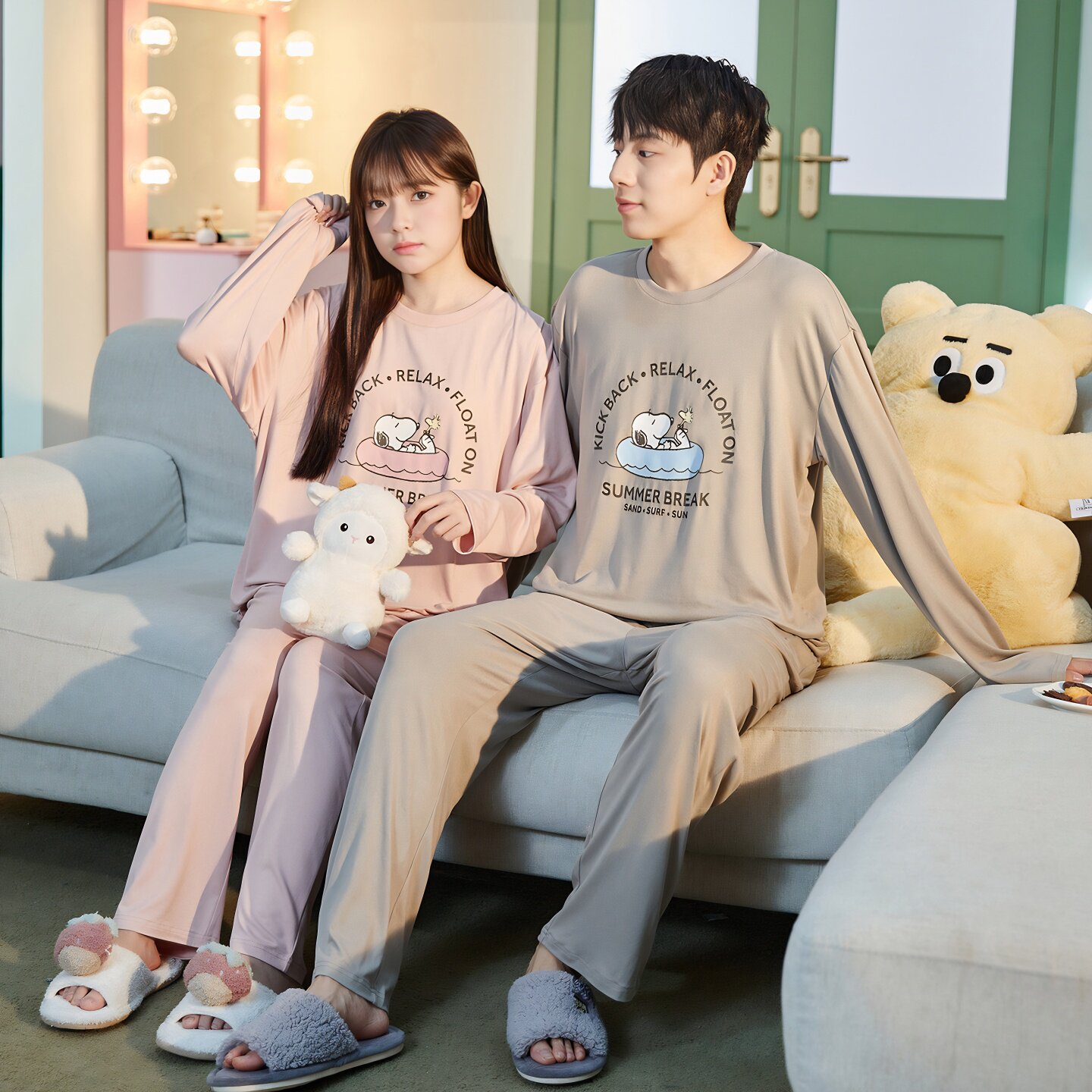 唐狮情侣睡衣女春秋圆领长袖史努比卡通一男一女家居服套装男TD