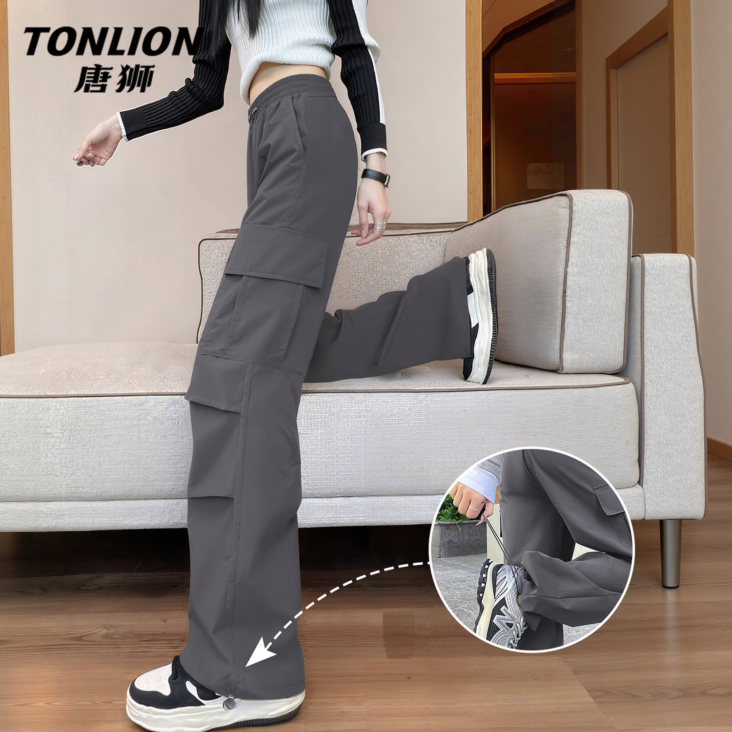 唐狮官方工装裤女款2026新款春秋款女士户外运动登山三防阔腿裤V