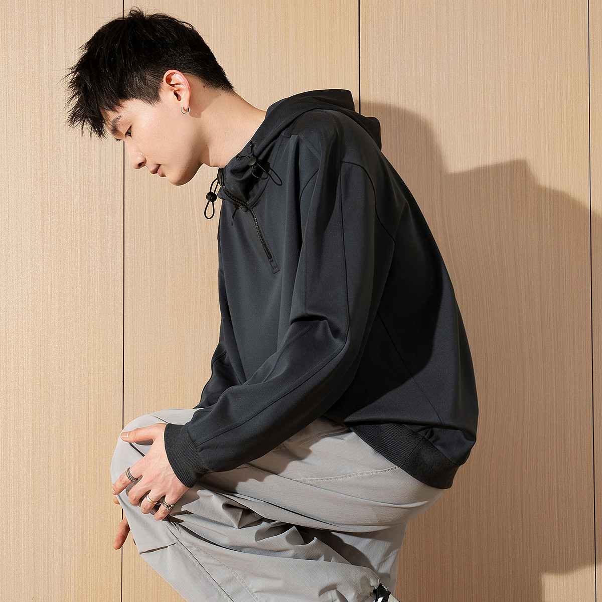 唐狮春新款男士卫衣连帽抽绳拉链宽松套头外套港风休闲上衣TD