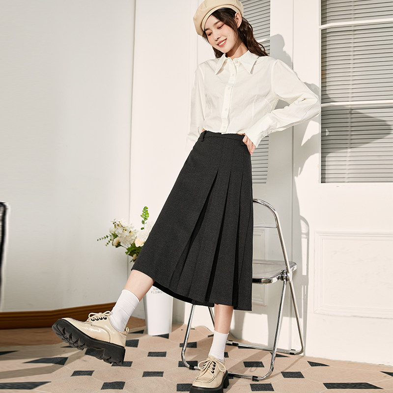 唐狮毛呢半身裙学院风秋冬新款女装高腰显瘦a字百褶长裙