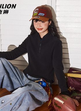 唐狮黑色加绒卫衣女2026新款冬季女款半开领抓绒修身内搭上衣VB