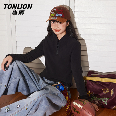唐狮黑色加绒卫衣女2025新款冬季
