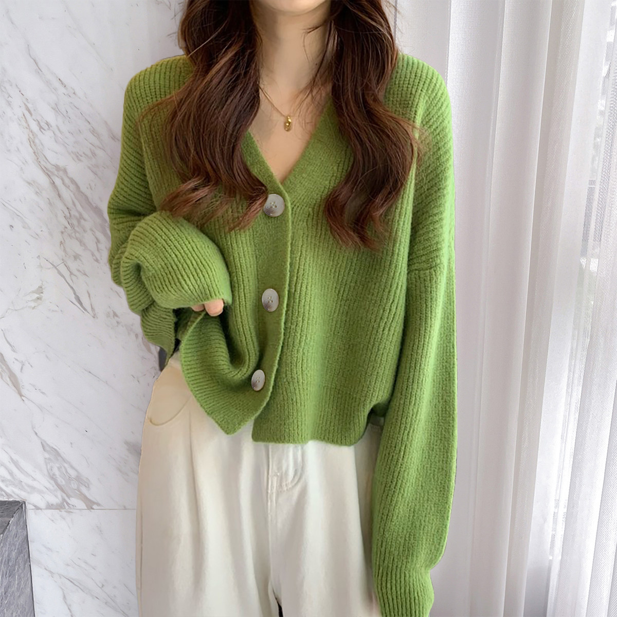 唐狮秋冬毛衣女经典简约百搭V领针织开衫外套红色费尔岛外套TD