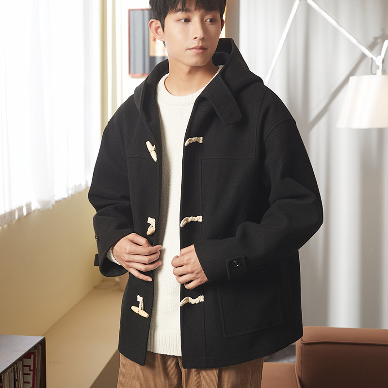 唐狮毛呢外套男装冬季新呢大衣连帽牛角扣美拉德外套保暖加绒