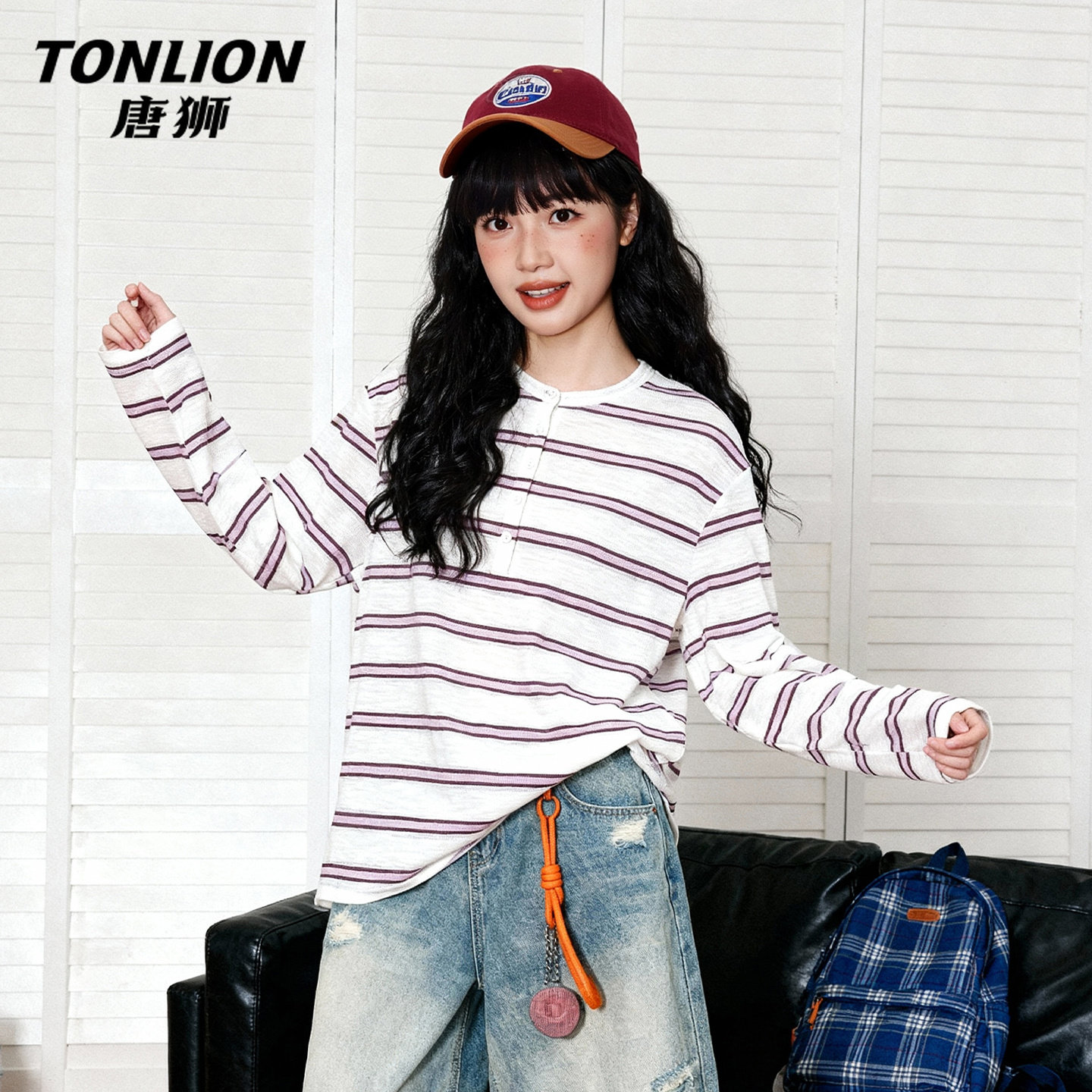 唐狮官方条纹长袖t恤女2026新款春秋款女士宽松内搭外套v领罩衫