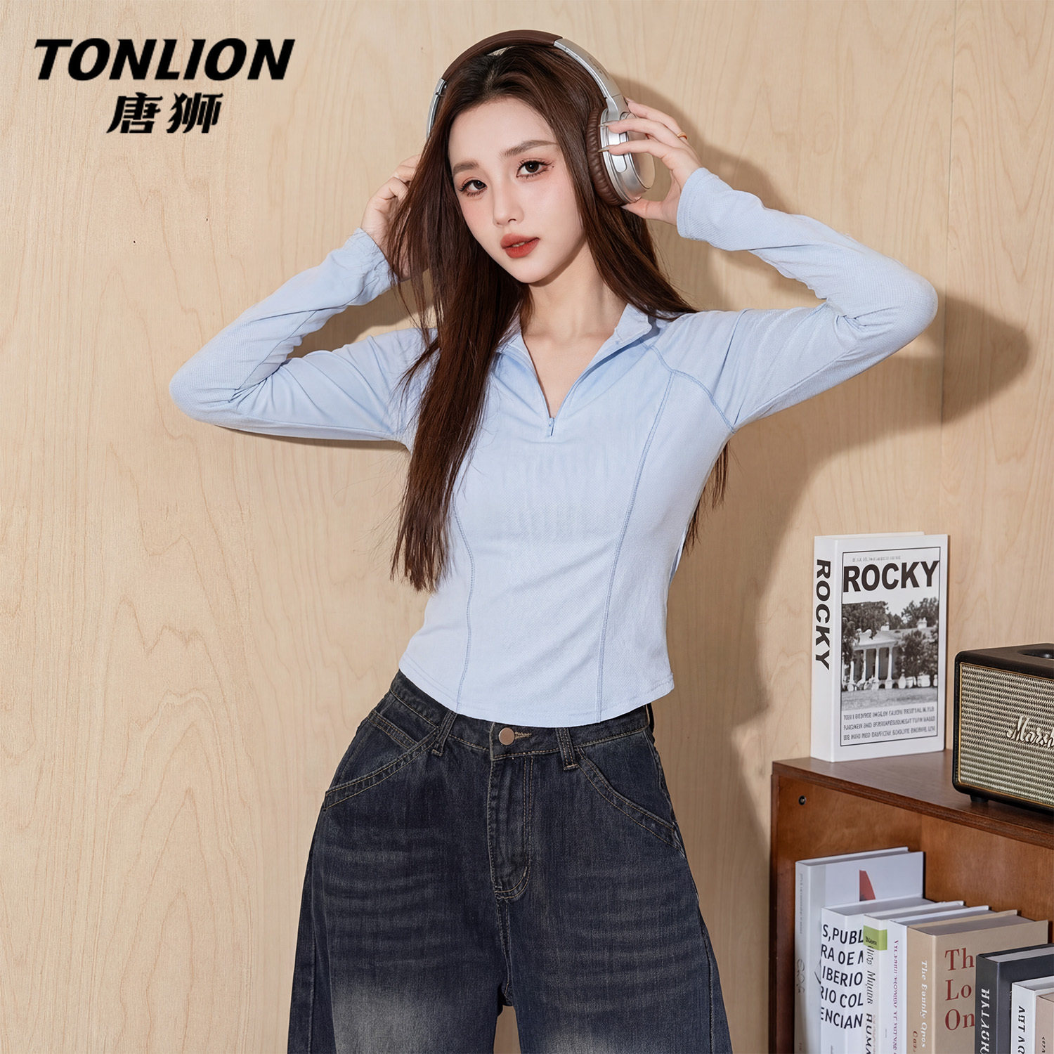 唐狮官方速干长袖t恤女2026新款春夏户外运动修身半拉链短上衣V