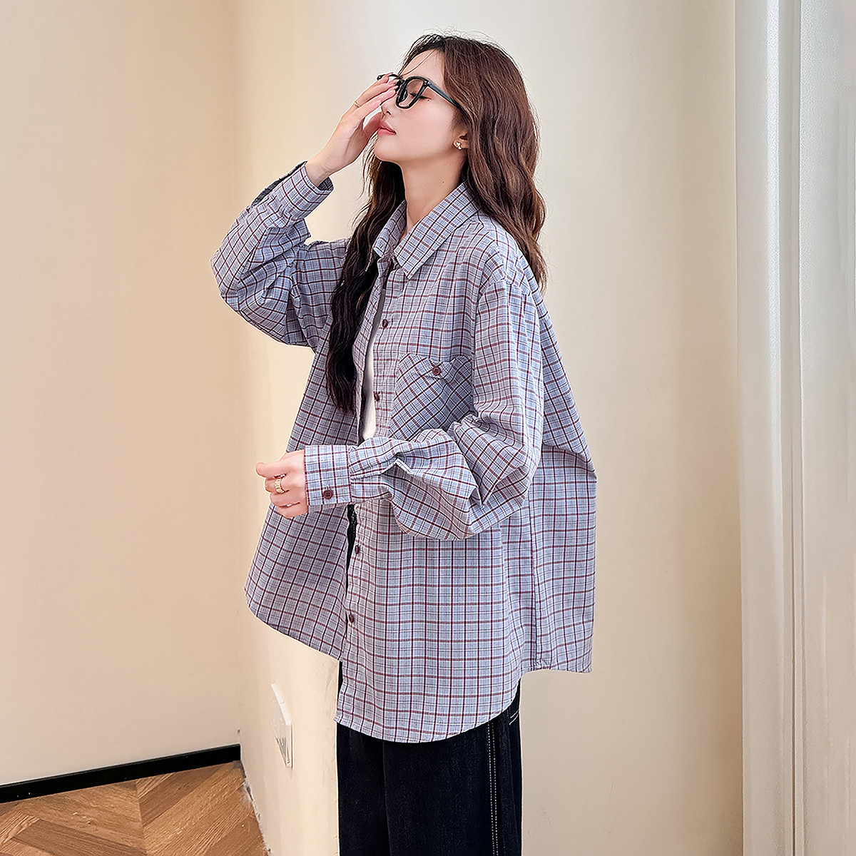 唐狮秋季衬衫女新款长袖格子时尚流行百搭开衫上衣外穿TM