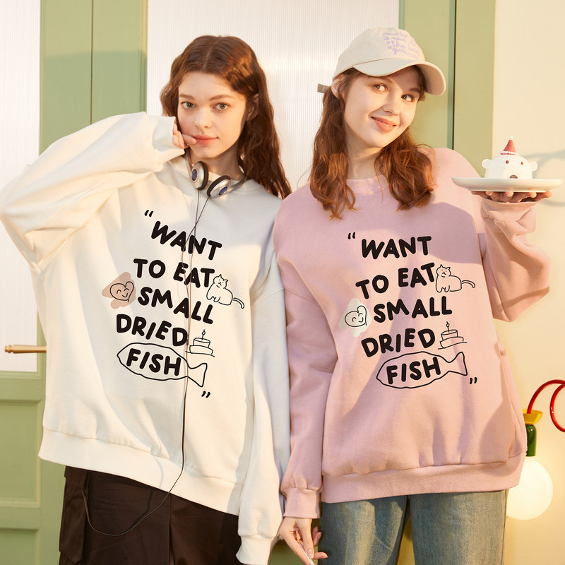 唐狮女装趣味印花加绒套头卫衣秋季新慵懒感绒衫衣服漂亮卫衣