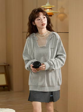 唐狮秋季新款卫衣女灰色木耳领高级感连帽甜美宽松减龄上衣TM