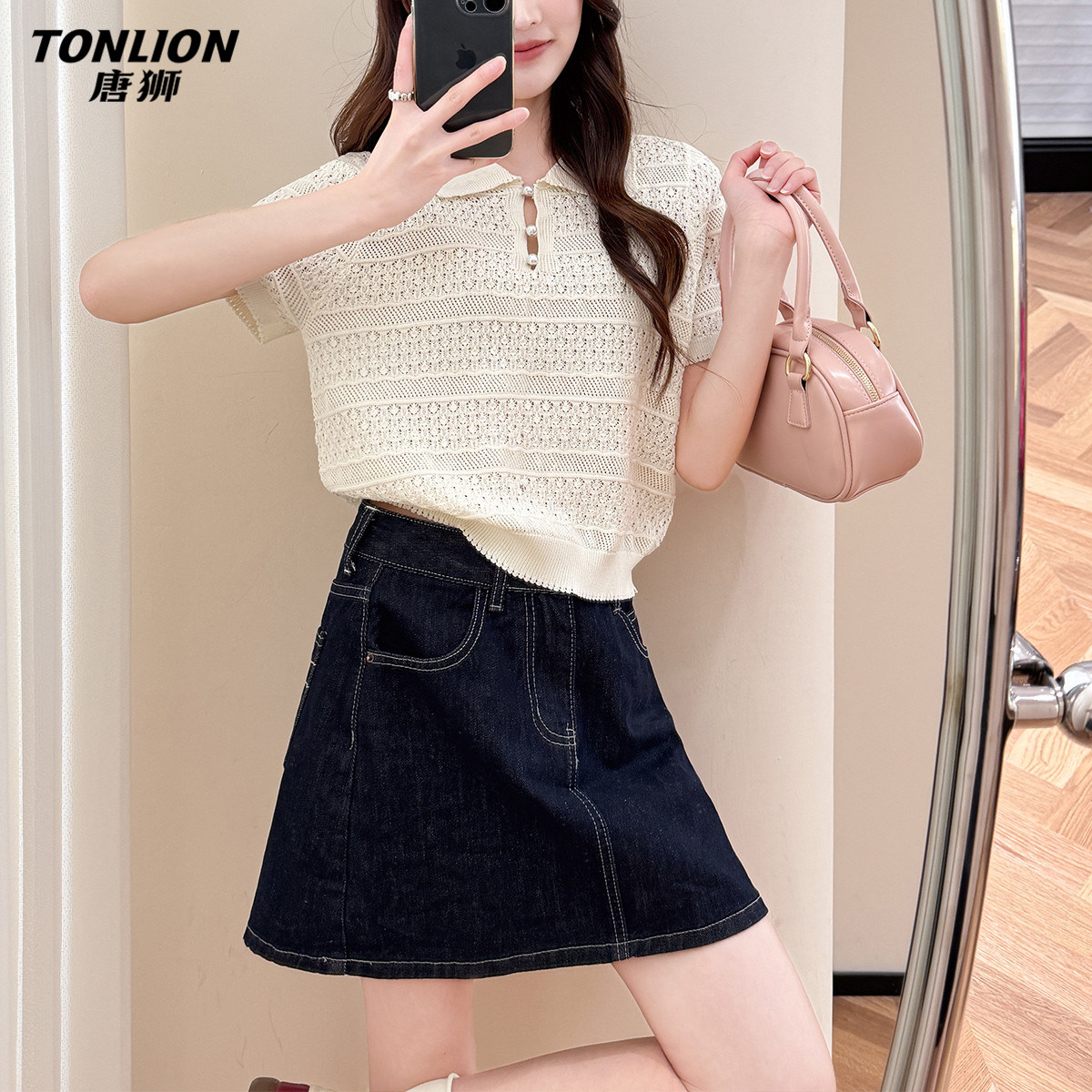 唐狮春夏季女针织衫韩版镂空女短袖翻领显瘦百搭上衣毛线衫薄款