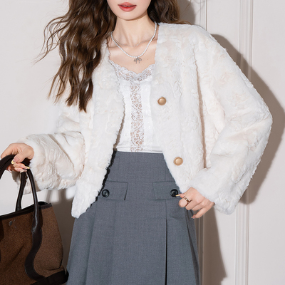 唐狮秋冬毛衣女V领短款仿皮草外