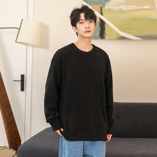 唐狮男毛衣慵懒风冬季新款白色毛衣圆领软糯舒服休闲上衣暖和毛衫