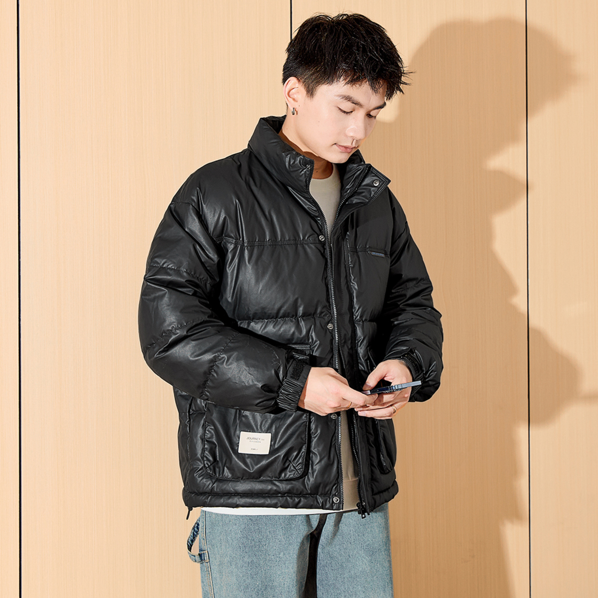 唐狮冬新款男立领仿皮立体口袋短