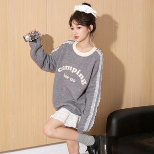 唐狮秋冬新款 百搭上衣潮TD 毛衣女圆领撞色间条前胸文字毛线衫