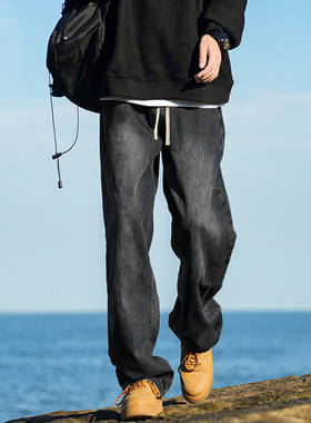 唐狮秋季新款男款牛仔裤休闲风黑色直筒长裤百搭美式高街裤子TD