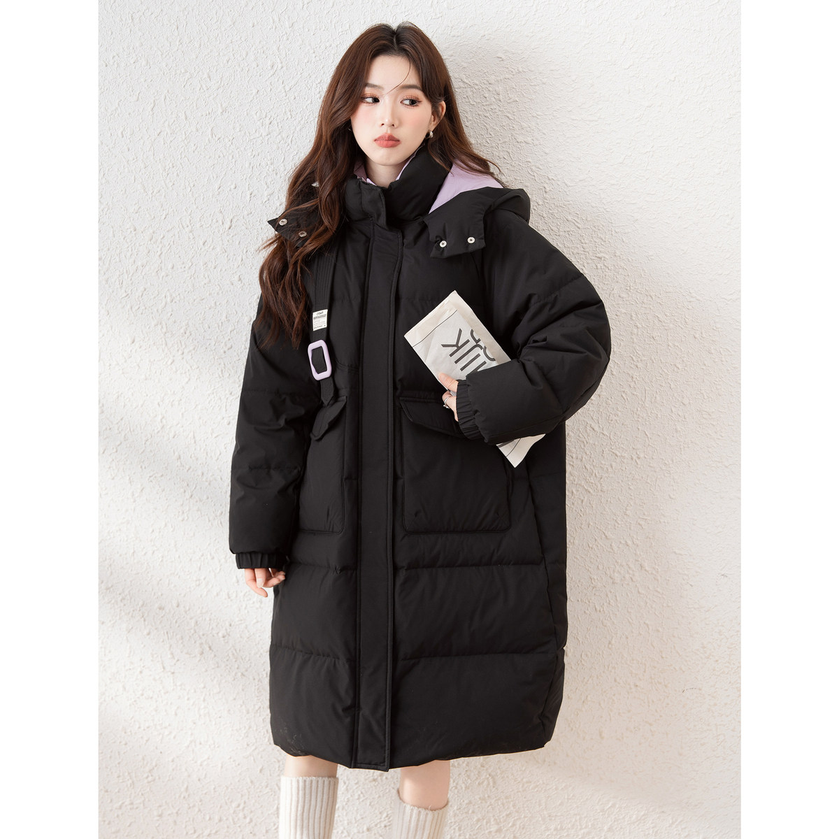 唐狮冬装新款女连帽撞色羽绒服黑色长款过膝保暖鸭绒外套爆款tu